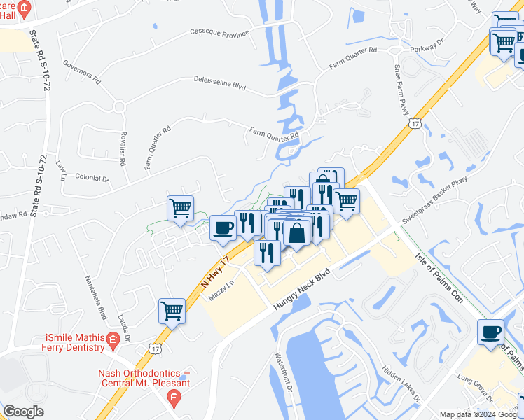 map of restaurants, bars, coffee shops, grocery stores, and more near 1854 Montclair Drive in Mount Pleasant