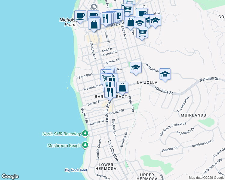 map of restaurants, bars, coffee shops, grocery stores, and more near 525 Nautilus Street in San Diego