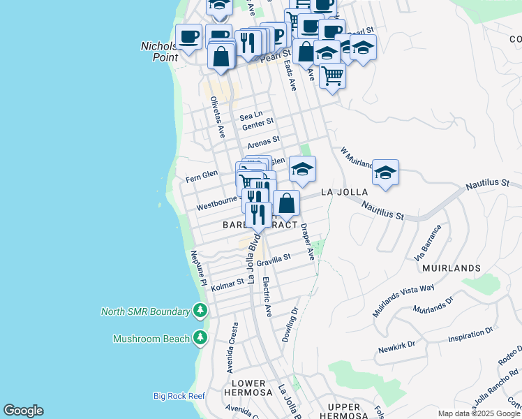 map of restaurants, bars, coffee shops, grocery stores, and more near 525 Nautilus Street in San Diego