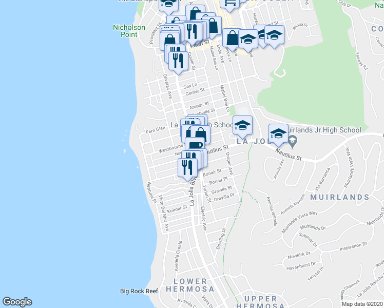 map of restaurants, bars, coffee shops, grocery stores, and more near 470 Nautilus Street in San Diego