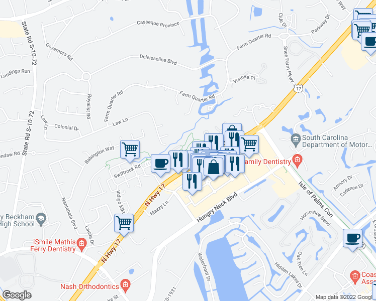 map of restaurants, bars, coffee shops, grocery stores, and more near 1854 Montclair Drive in Mount Pleasant