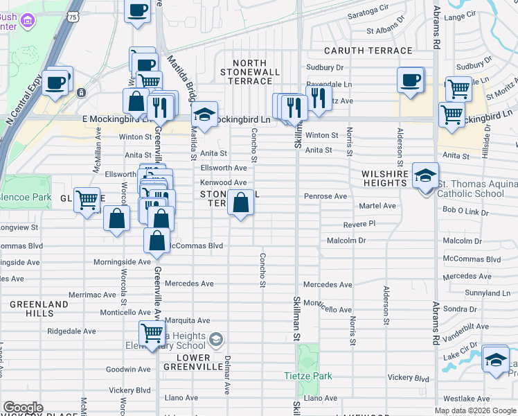 map of restaurants, bars, coffee shops, grocery stores, and more near 6017 Martel Avenue in Dallas