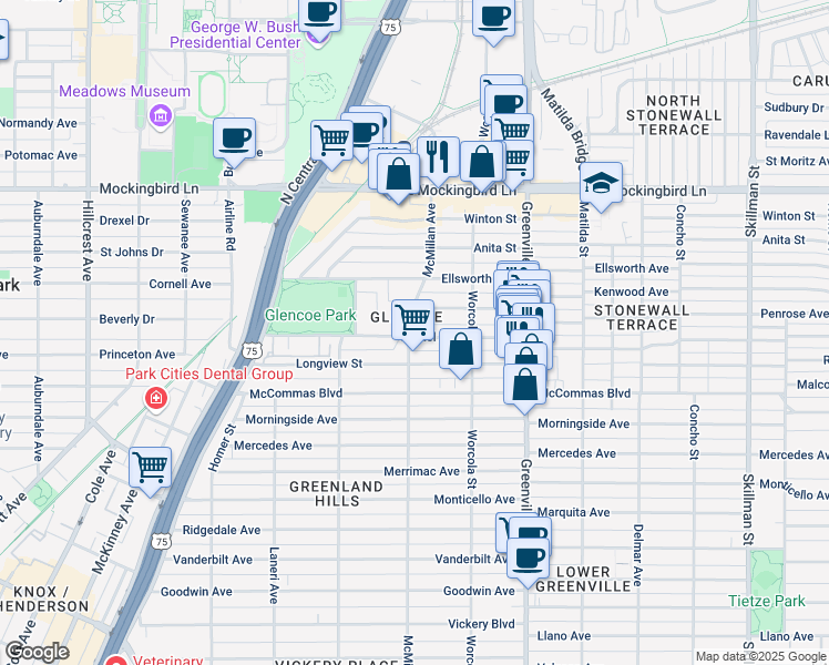 map of restaurants, bars, coffee shops, grocery stores, and more near 5515 Martel Avenue in Dallas