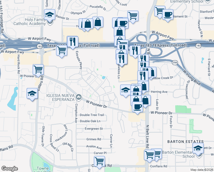 map of restaurants, bars, coffee shops, grocery stores, and more near 1838 Estrada Parkway in Irving