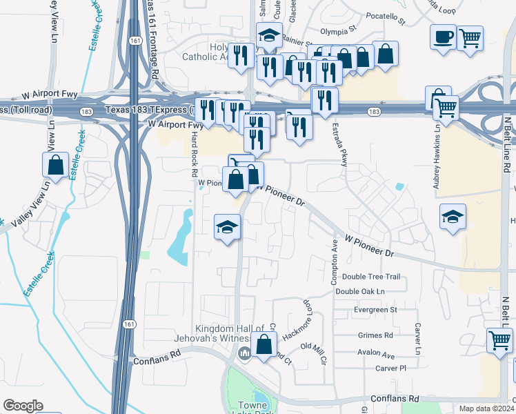 map of restaurants, bars, coffee shops, grocery stores, and more near 1826 Esters Road in Irving