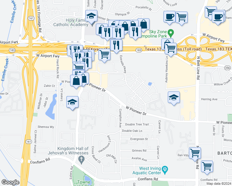 map of restaurants, bars, coffee shops, grocery stores, and more near 4123 West Pioneer Drive in Irving