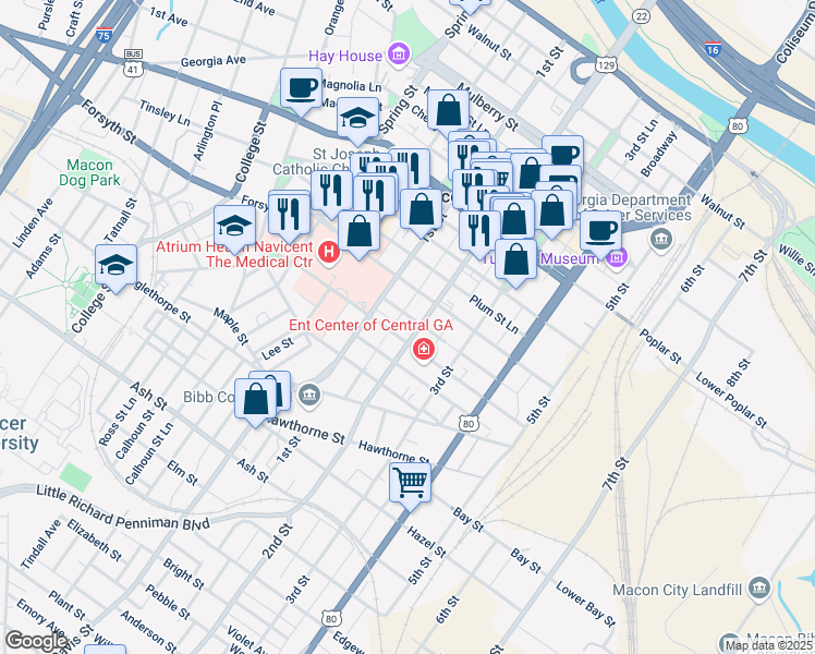 map of restaurants, bars, coffee shops, grocery stores, and more near 785 2nd Street in Macon