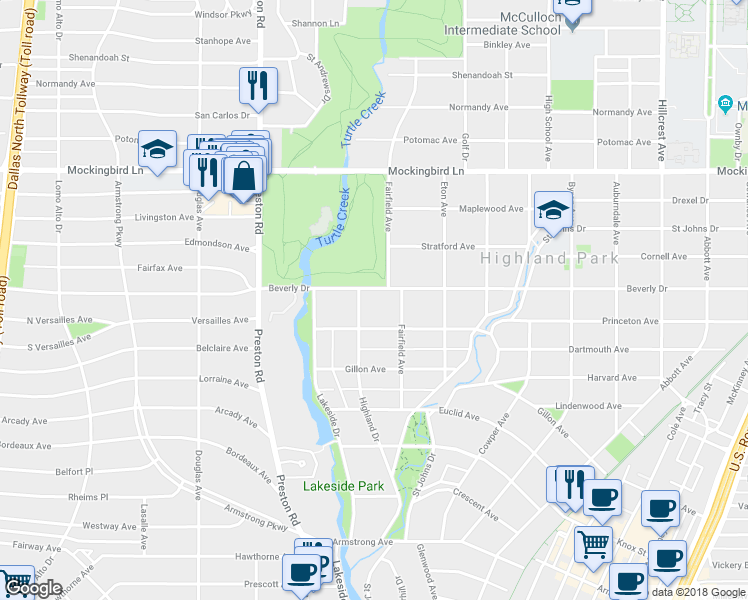 map of restaurants, bars, coffee shops, grocery stores, and more near 3919 Beverly Drive in Dallas