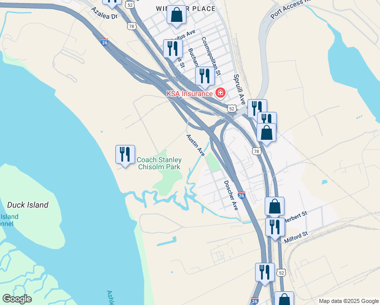 map of restaurants, bars, coffee shops, grocery stores, and more near 2025 Austin Avenue in Charleston
