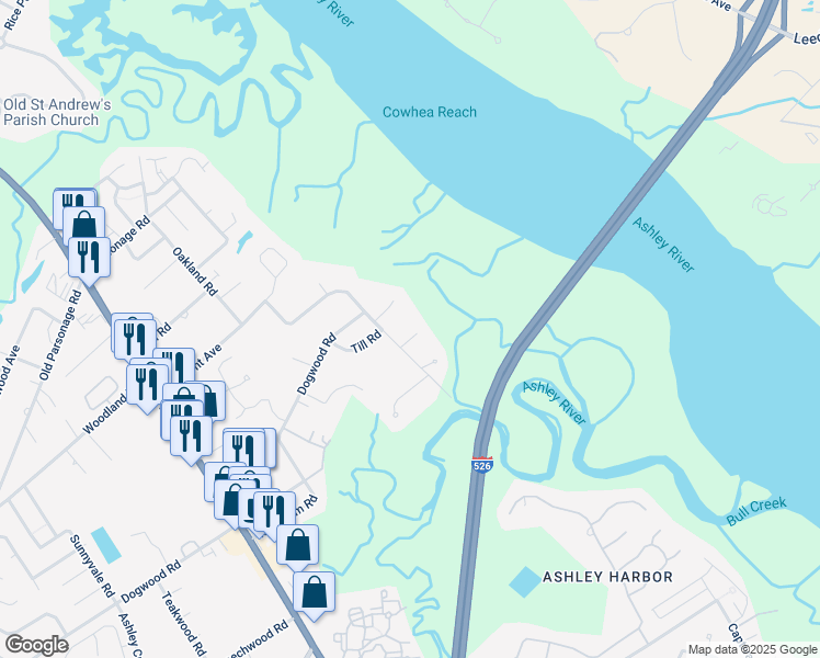 map of restaurants, bars, coffee shops, grocery stores, and more near 2112 Coffey Court in Charleston