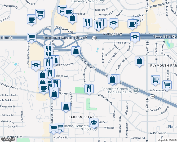 map of restaurants, bars, coffee shops, grocery stores, and more near 1651 Mount Vernon Drive in Irving