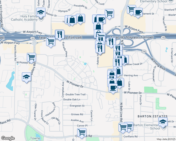 map of restaurants, bars, coffee shops, grocery stores, and more near 1814 Estrada Parkway in Irving