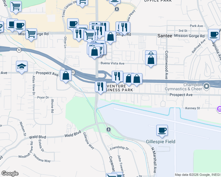 map of restaurants, bars, coffee shops, grocery stores, and more near 8619 Hacienda Road in Santee