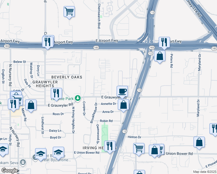 map of restaurants, bars, coffee shops, grocery stores, and more near 1633 Voirin Rd in Irving