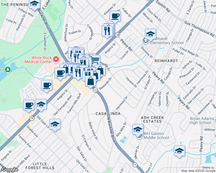 map of restaurants, bars, coffee shops, grocery stores, and more near 1405 Sereno Drive in Dallas