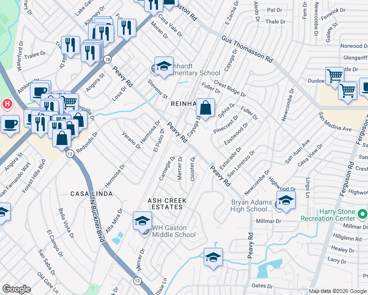 map of restaurants, bars, coffee shops, grocery stores, and more near 9923 Carnegie Drive in Dallas