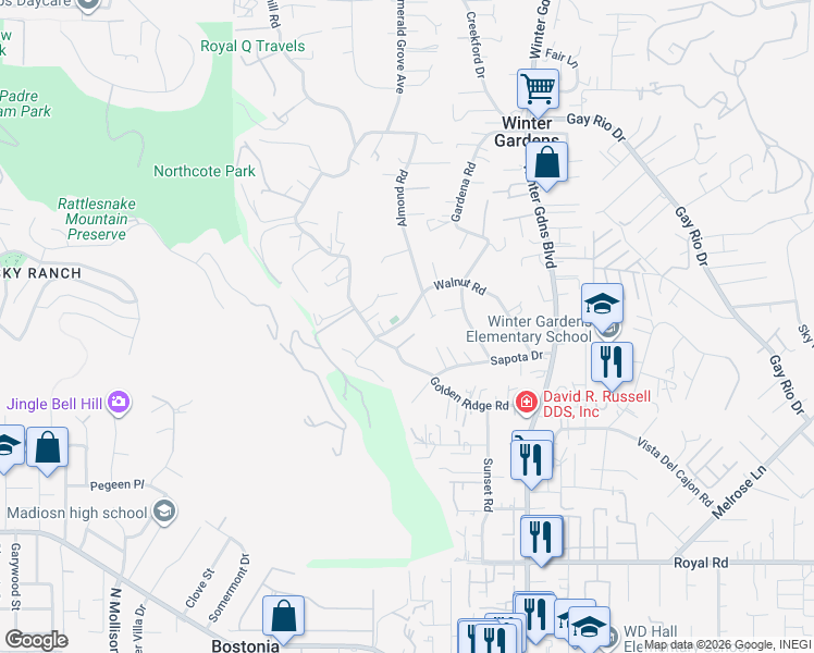 map of restaurants, bars, coffee shops, grocery stores, and more near 11739 Walnut Road in Lakeside