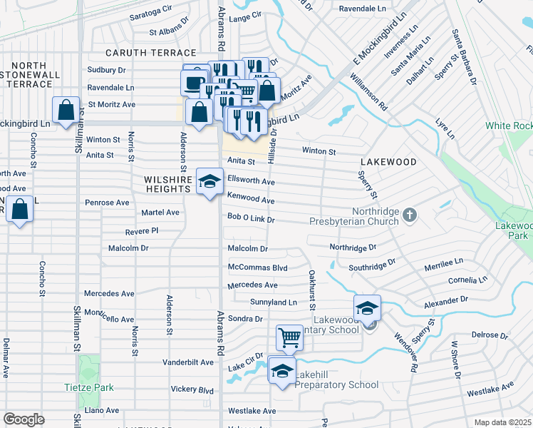 map of restaurants, bars, coffee shops, grocery stores, and more near 6463 Bob O Link Drive in Dallas
