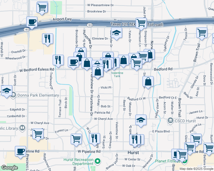 map of restaurants, bars, coffee shops, grocery stores, and more near 412 Vicki Place in Hurst