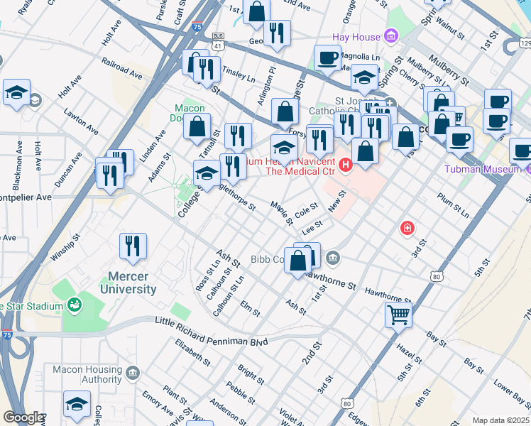 map of restaurants, bars, coffee shops, grocery stores, and more near 1007 Oglethorpe Street in Macon