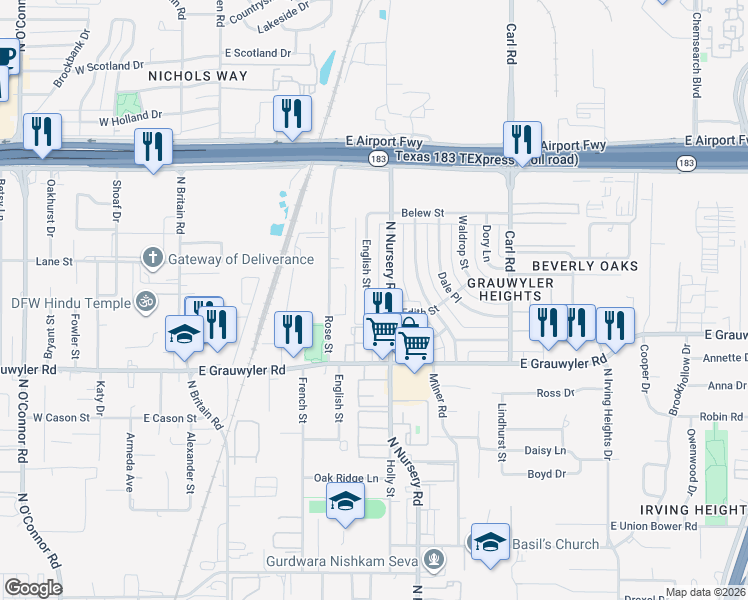 map of restaurants, bars, coffee shops, grocery stores, and more near 1714 English Street in Irving