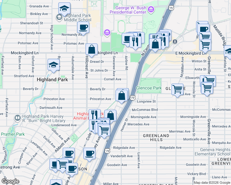map of restaurants, bars, coffee shops, grocery stores, and more near 3121 Beverly Drive in Dallas
