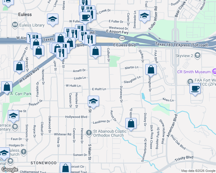 map of restaurants, bars, coffee shops, grocery stores, and more near 211 East Huitt Lane in Euless