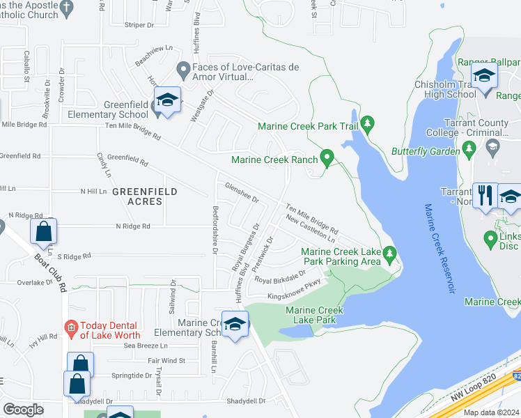 map of restaurants, bars, coffee shops, grocery stores, and more near 5309 Royal Burgess Drive in Fort Worth
