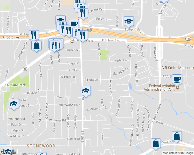 map of restaurants, bars, coffee shops, grocery stores, and more near 211 East Huitt Lane in Euless