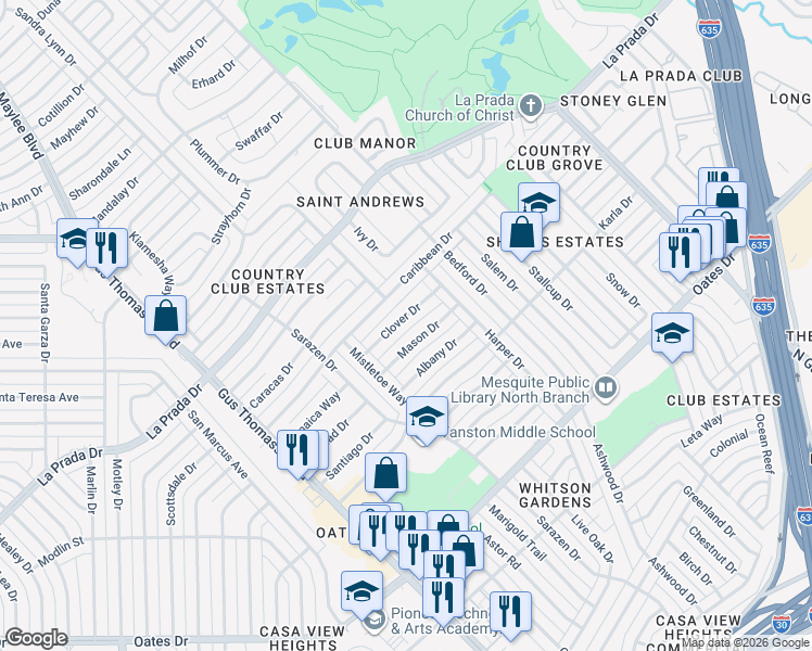 map of restaurants, bars, coffee shops, grocery stores, and more near 3036 Clover Drive in Mesquite