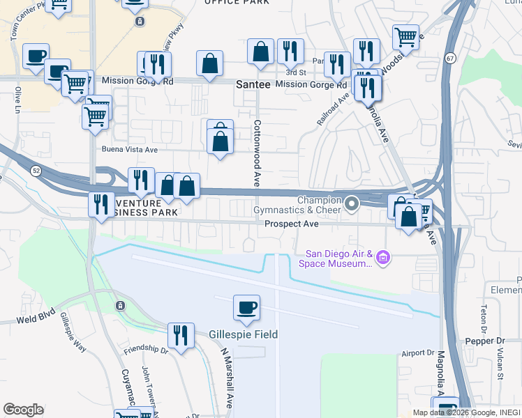 map of restaurants, bars, coffee shops, grocery stores, and more near 8627 Cottonwood Avenue in Santee