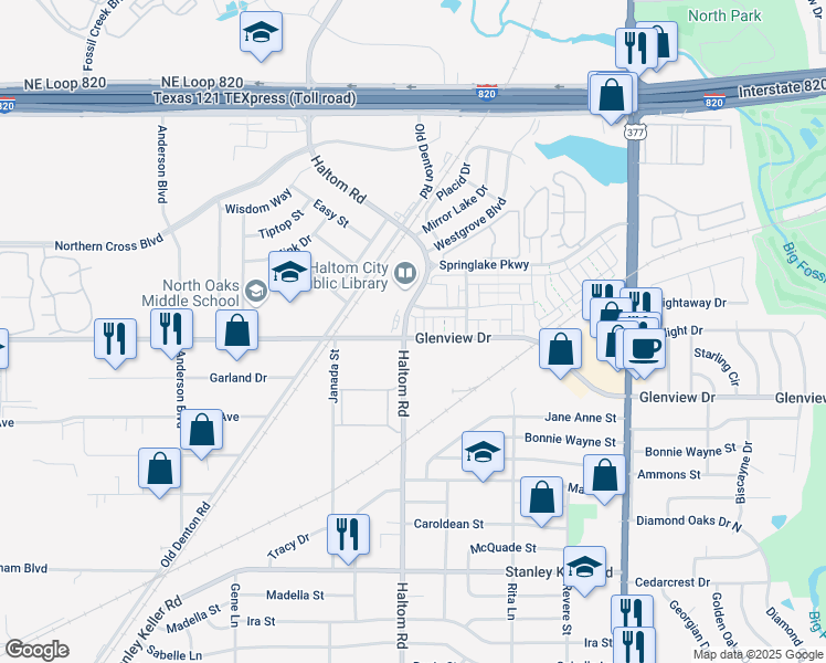 map of restaurants, bars, coffee shops, grocery stores, and more near 5136-5318 Glenview Drive in Haltom City