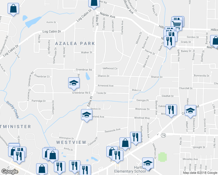 map of restaurants, bars, coffee shops, grocery stores, and more near 3298 Arnwood Avenue in Macon