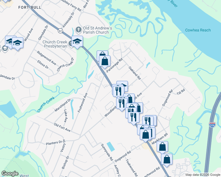 map of restaurants, bars, coffee shops, grocery stores, and more near 1810 Otis Avenue in Charleston