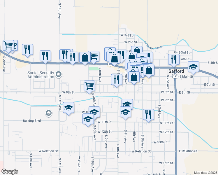 map of restaurants, bars, coffee shops, grocery stores, and more near 711 S 9th Ave in Safford