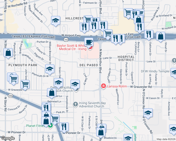 map of restaurants, bars, coffee shops, grocery stores, and more near 1713 Timbers Drive in Irving
