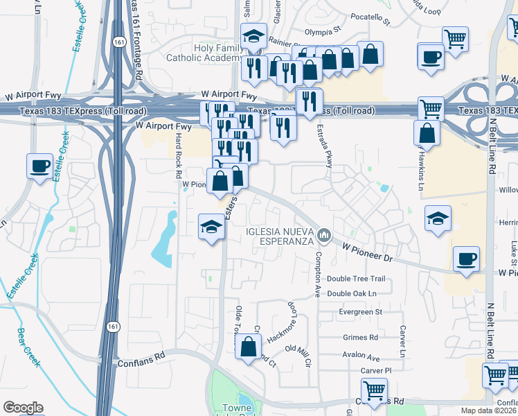 map of restaurants, bars, coffee shops, grocery stores, and more near 4206 West Pioneer Drive in Irving