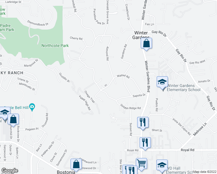 map of restaurants, bars, coffee shops, grocery stores, and more near 11739 Walnut Road in Lakeside