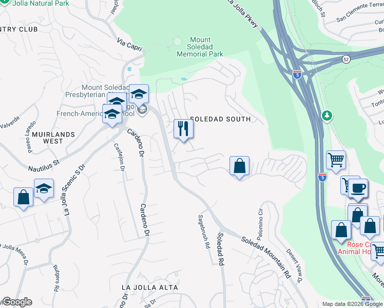 map of restaurants, bars, coffee shops, grocery stores, and more near 2559 Caminito Muirfield in San Diego