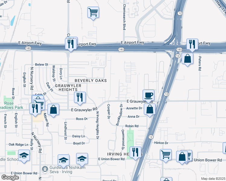 map of restaurants, bars, coffee shops, grocery stores, and more near 1704 Cooper Drive in Irving