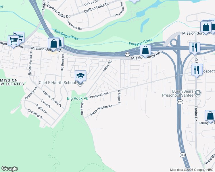 map of restaurants, bars, coffee shops, grocery stores, and more near 8701 Mesa Road in Santee
