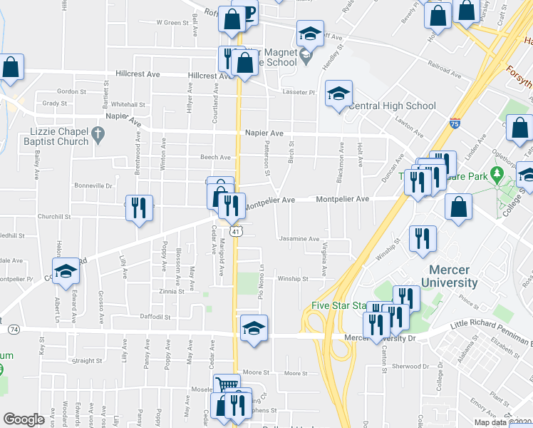 map of restaurants, bars, coffee shops, grocery stores, and more near 2526 Montpelier Avenue in Macon