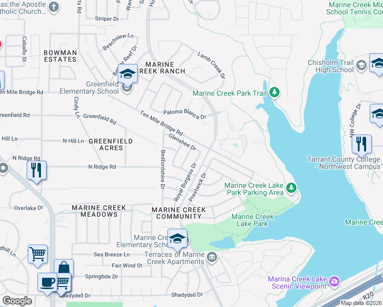 map of restaurants, bars, coffee shops, grocery stores, and more near 5304 Newcastle Lane in Fort Worth