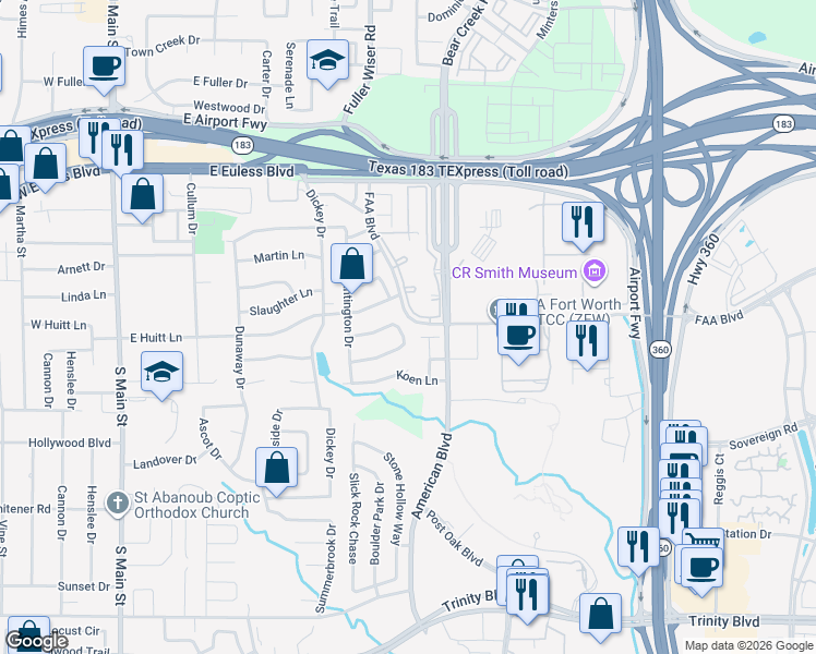 map of restaurants, bars, coffee shops, grocery stores, and more near 841 South Atkerson Lane in Euless