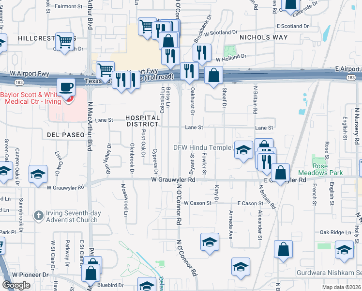 map of restaurants, bars, coffee shops, grocery stores, and more near 1628 North O'Connor Road in Irving