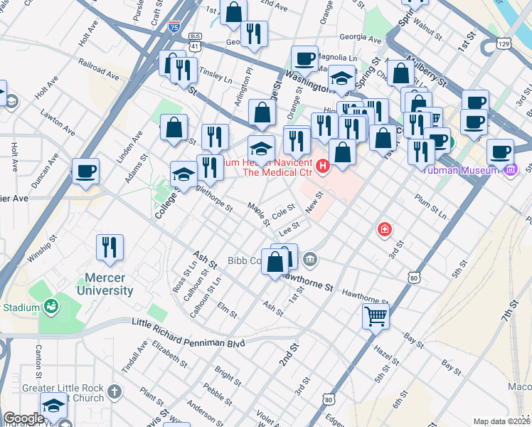 map of restaurants, bars, coffee shops, grocery stores, and more near 975 Maple Street in Macon