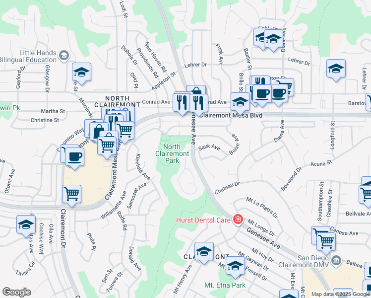 map of restaurants, bars, coffee shops, grocery stores, and more near 4774 Chickasaw Court in San Diego
