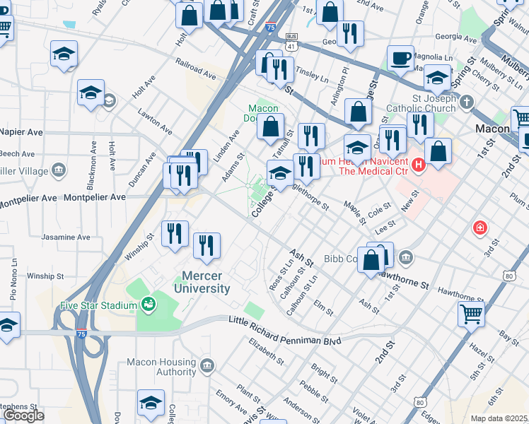 map of restaurants, bars, coffee shops, grocery stores, and more near 1248 College Street in Macon