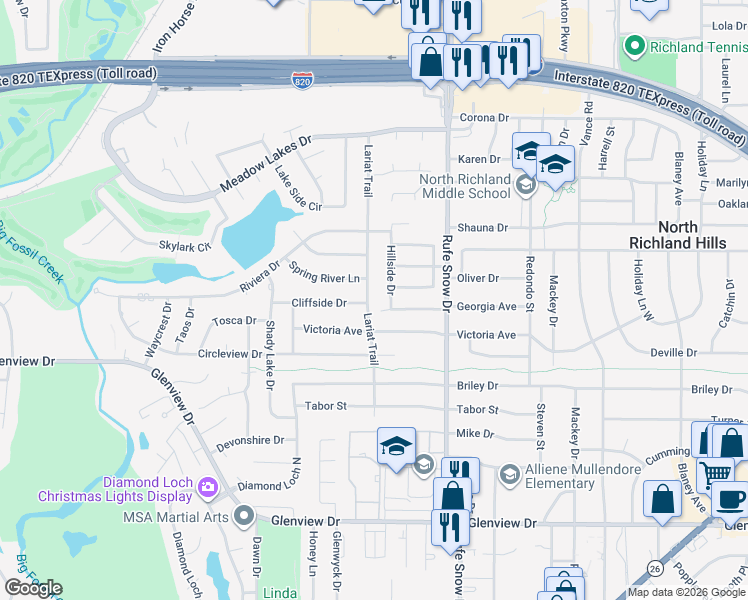 map of restaurants, bars, coffee shops, grocery stores, and more near 4632 Lariat Trail in Fort Worth