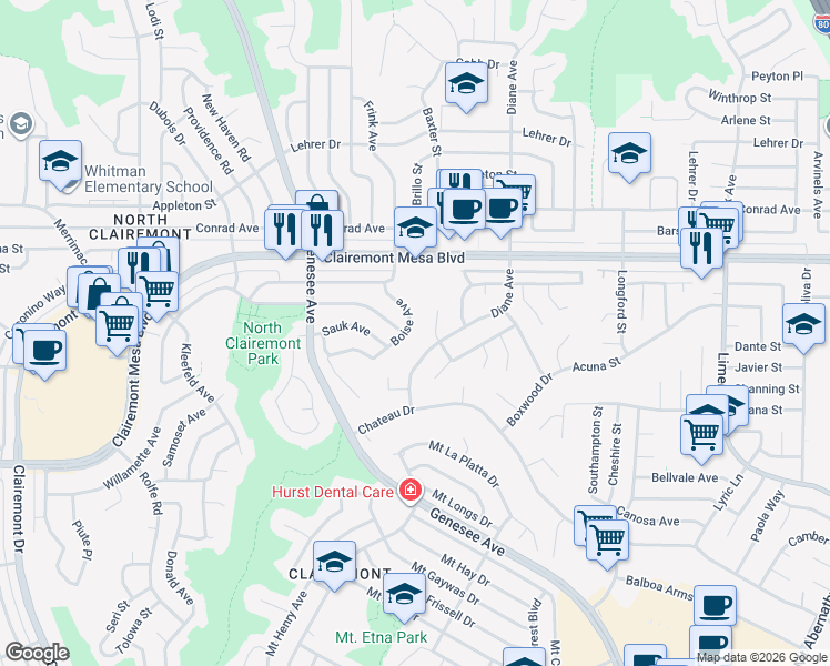 map of restaurants, bars, coffee shops, grocery stores, and more near 4801 Boise Avenue in San Diego